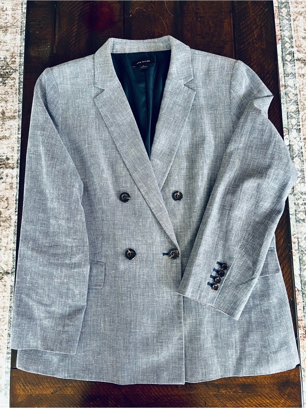 Ann Taylor Navy & White Textured Double-Breasted Blazer Size 16